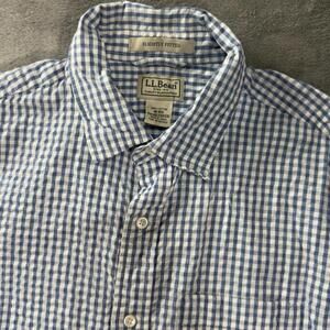 LL Bean Shirt Mens Medium Blue Button Down GIngham Check Seersucker Preppy